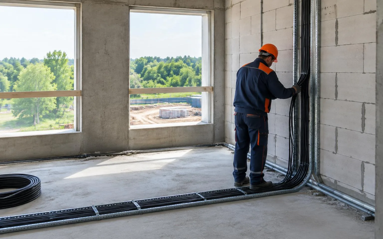 Mitarbeiter verlegt Kabel in Kabelkanälen an der Wand eines Innenausbaus