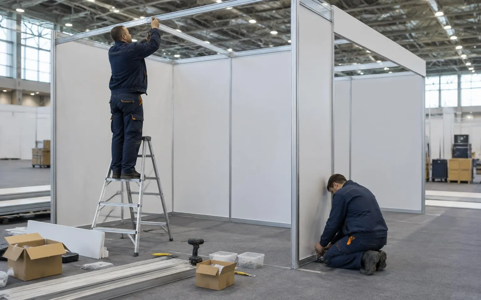Zwei Mitarbeiter montieren in einer Messehalle die Wandelemente eines Systemstands