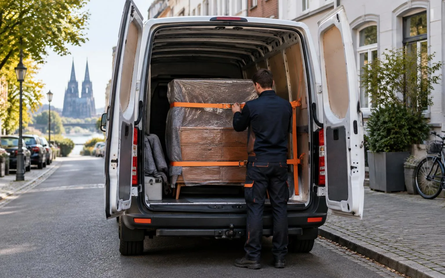 Mitarbeiter sichert eine verpackte Kommode mit Spanngurten in einem geöffneten Transporter